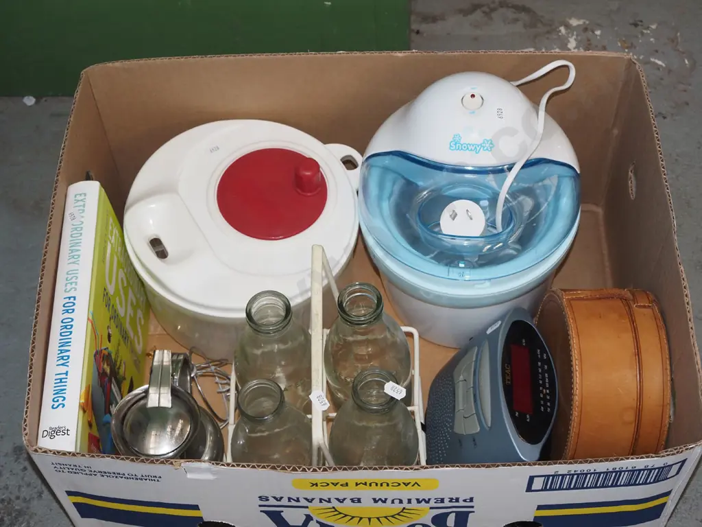 box; radio alarm clock, salad spinner, milk bottles etc Image 1++