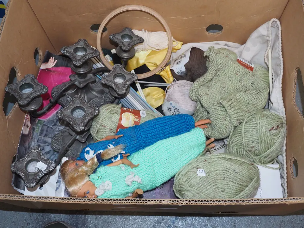 box; knitting yarns, dolls, candelabra etc Image 1++