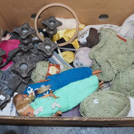 box; knitting yarns, dolls, candelabra etc