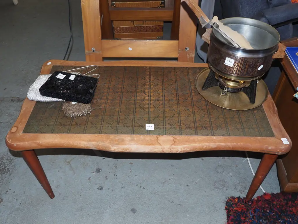 pressed copper top mahogany coffee table - varnish needs attention Image 1++