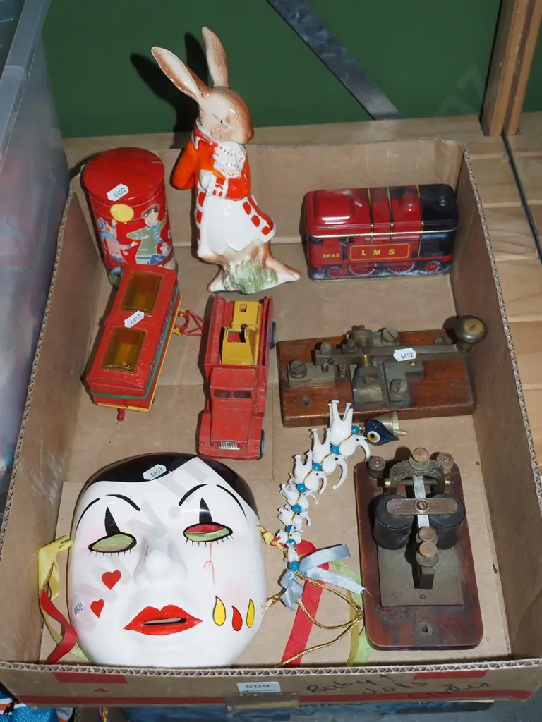 box; morse keys, mask, rabbit figurine etc Image 1++