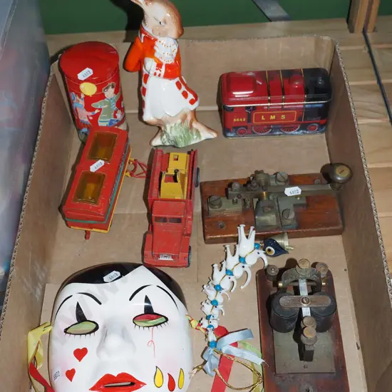 box; morse keys, mask, rabbit figurine etc