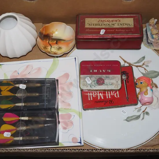 box; darts, cake plate, tobacco tins etc