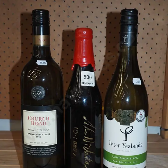 3x bottles of wine - Church Rd sauvignon blanc 2017, Yealands sauvignon blanc 2016, 1x unknown