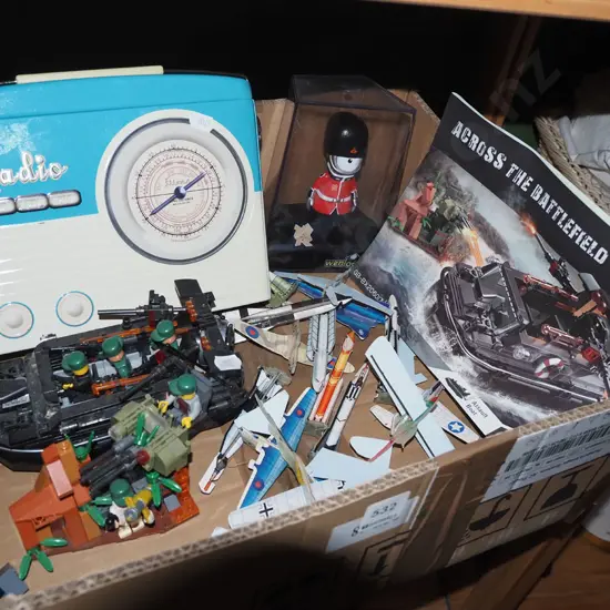 box; Lego toys, paper planes etc