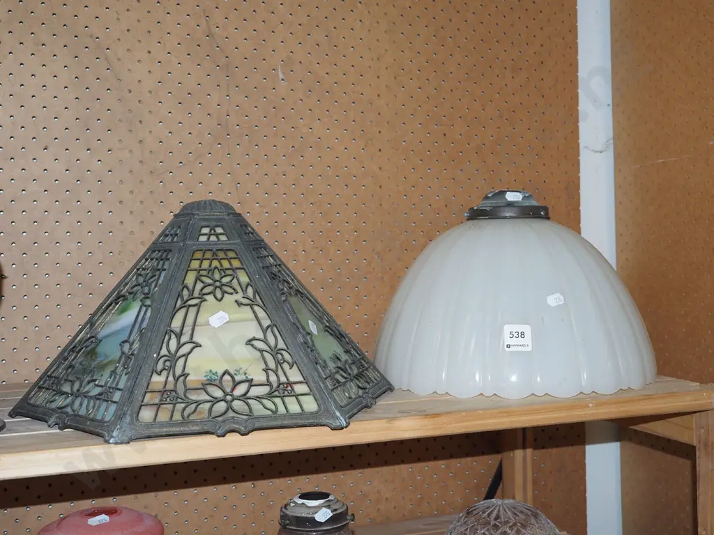 1x Edwardian milk glass fitting, 1x metal and coloured glass light fitting - cracks and repairs Image 1++