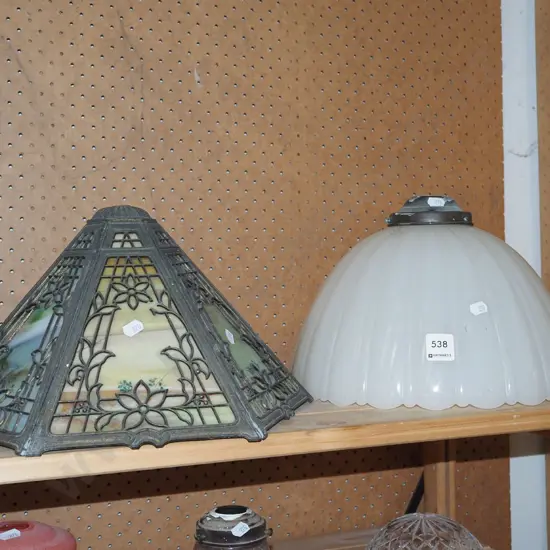 1x Edwardian milk glass fitting, 1x metal and coloured glass light fitting - cracks and repairs