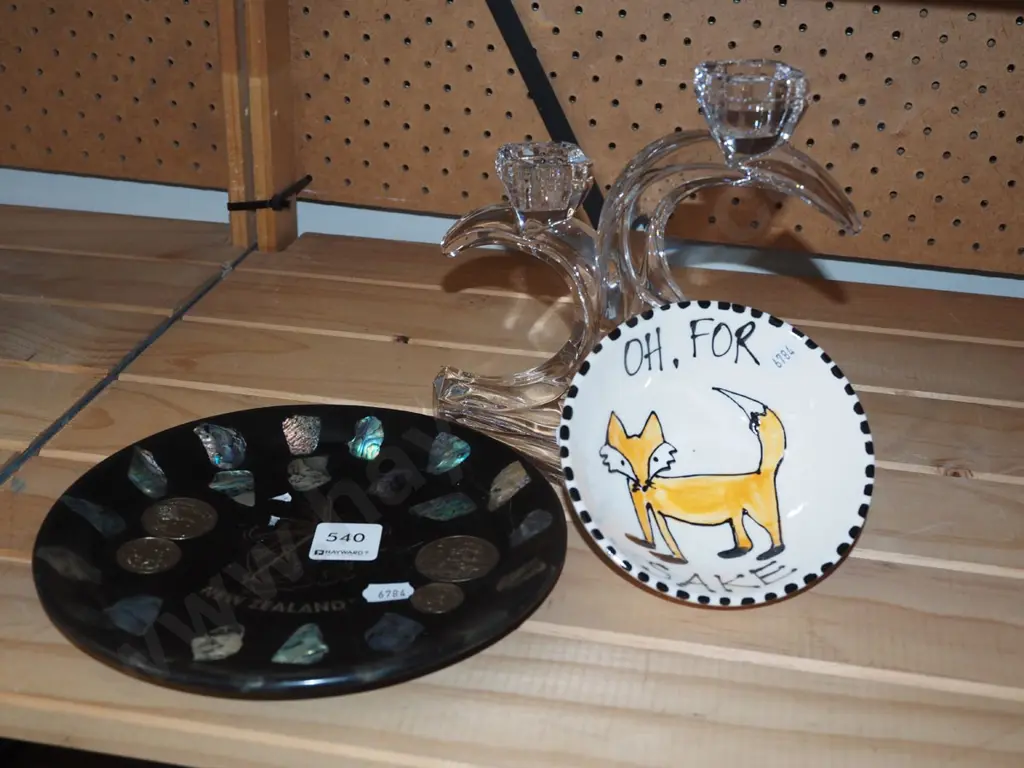 glass candelabra, paua tray, small fox themed dish Image 1++