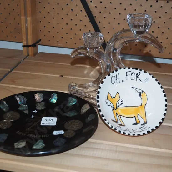 glass candelabra, paua tray, small fox themed dish