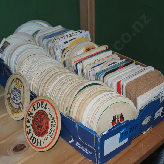 box; various beer coasters