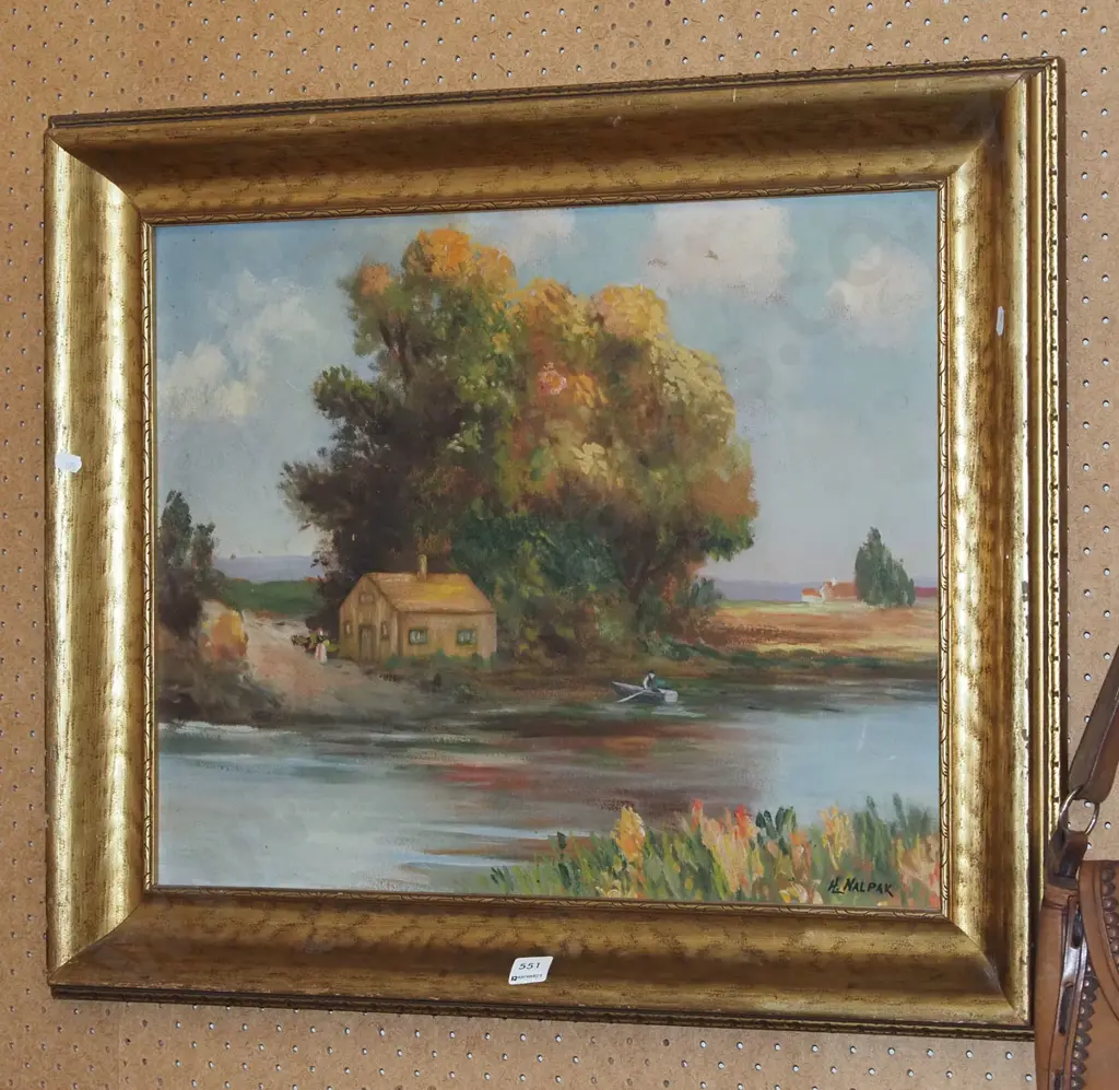 framed oil - cottage by stream Image 1++