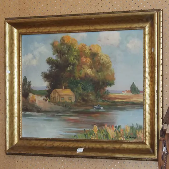 framed oil - cottage by stream