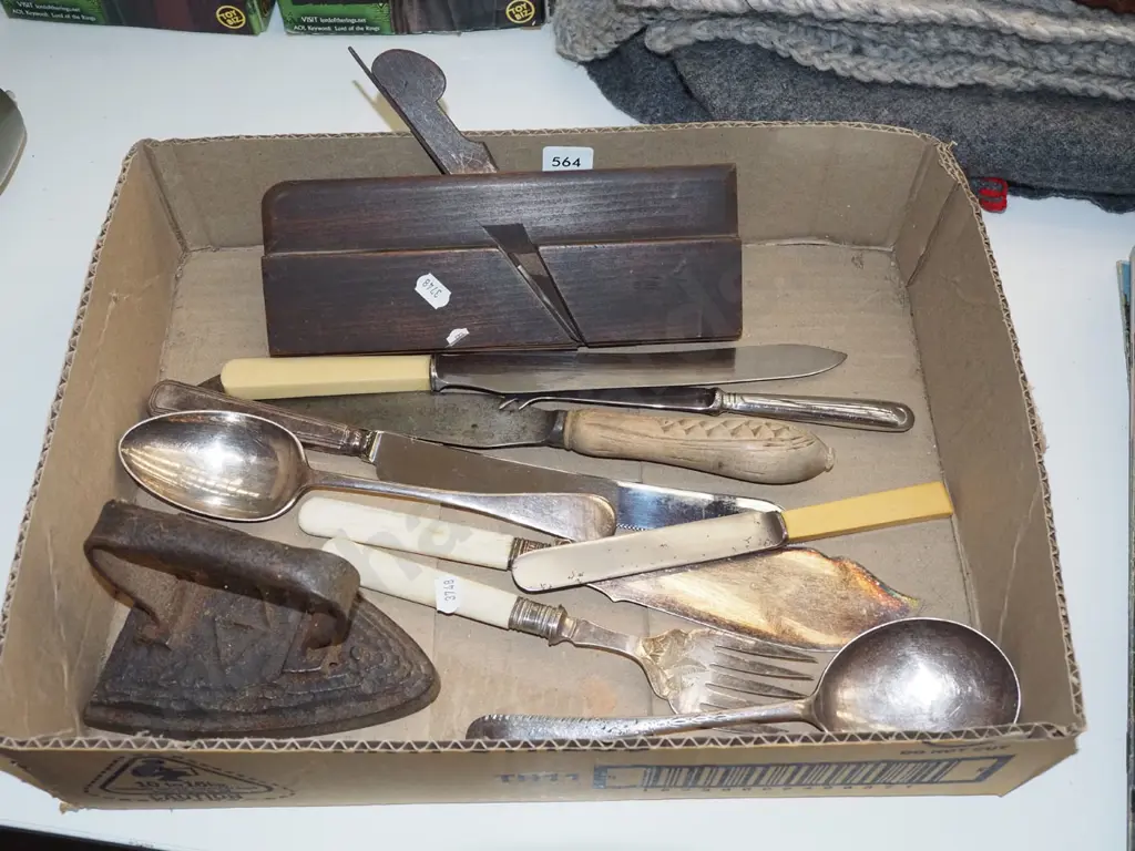 box; moulding plane, sad iron, fish servers etc Image 1++