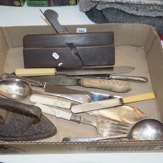 box; moulding plane, sad iron, fish servers etc