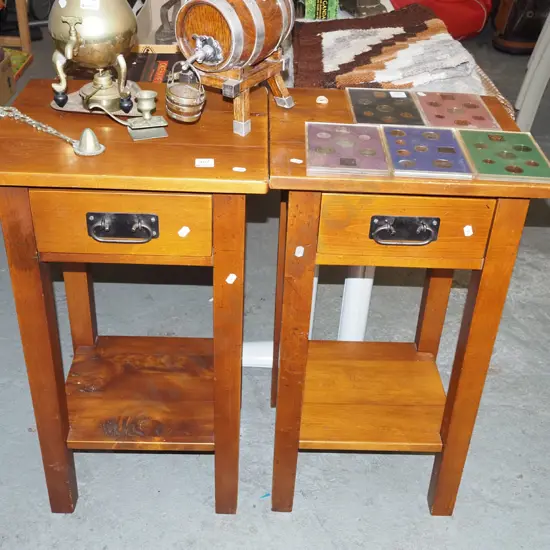 pair of solid pine single drawer 2 tier tables