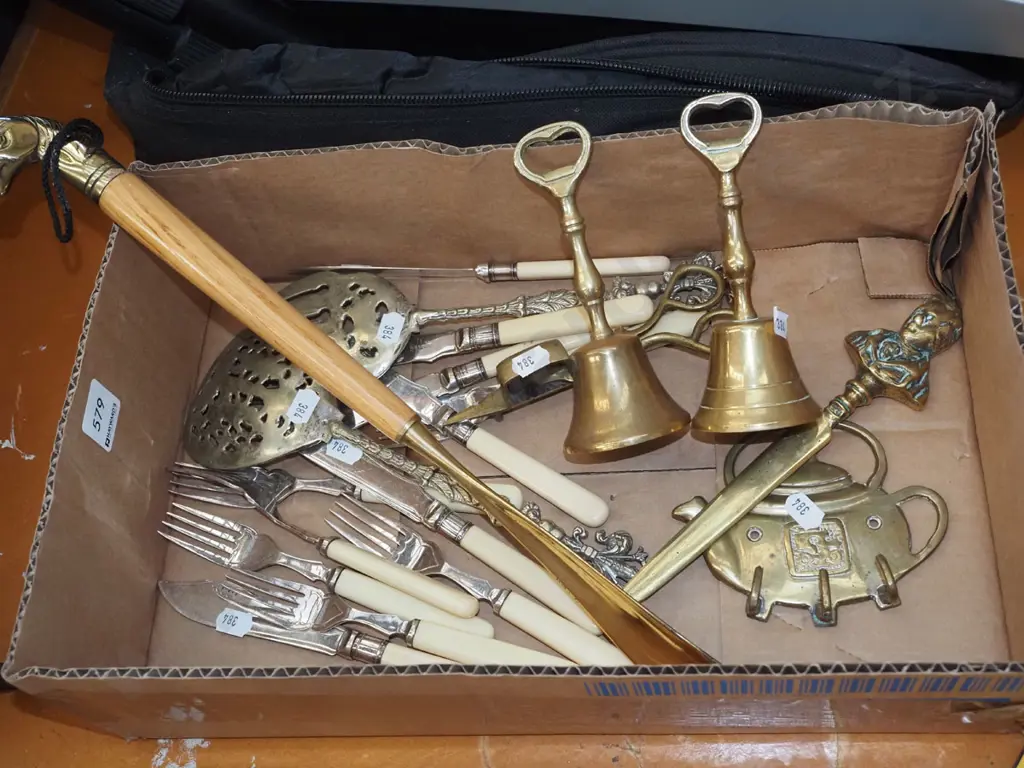 box; shoe horn, brass bells, bone handled cutlery etc Image 1++