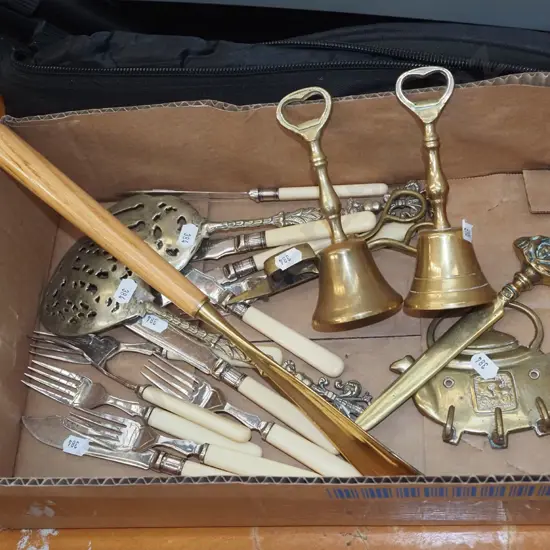box; shoe horn, brass bells, bone handled cutlery etc