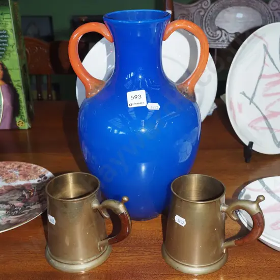 blue glass ewer vase, 2x brass and wooden handled beer mugs H320