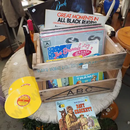 beer crate, 45s, LPs