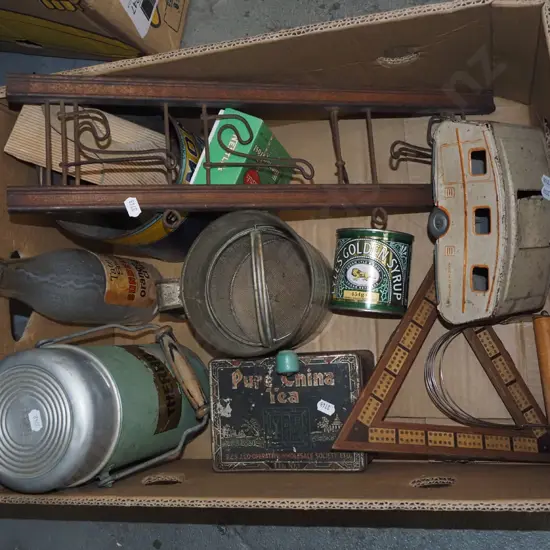 box; coat hooks, flour sifter, thermos etc