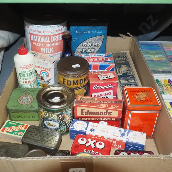 box; vintage grocery items, old tins etc
