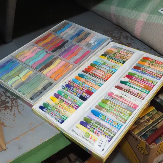 box; pastels, crayons