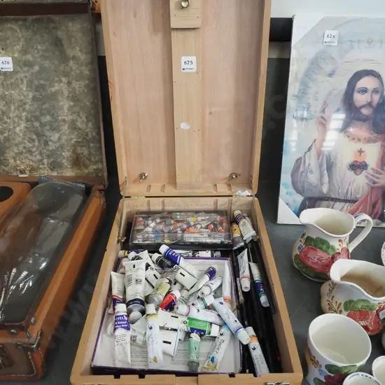 artists easel/supply box; paints, brushes etc