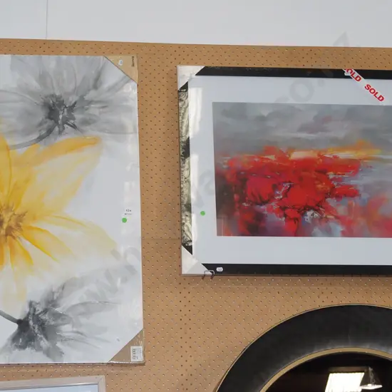 2x boxed prints on canvas - flowers, abstract landscape - green dots