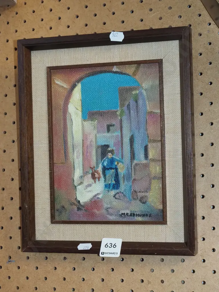 framed oil on board - boy and dog running through archway Image 1++