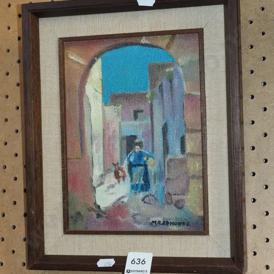 framed oil on board - boy and dog running through archway