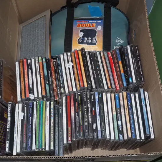 box; petanque set, CDs