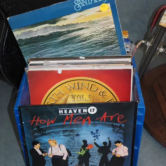 plastic tub of LPs; 1970s/80s