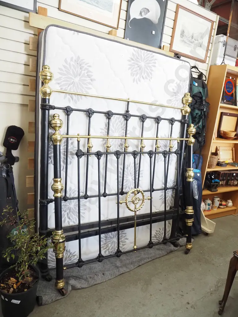 double mattress, slat bed base, metal and brass bed ends Image 1++