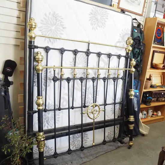 double mattress, slat bed base, metal and brass bed ends