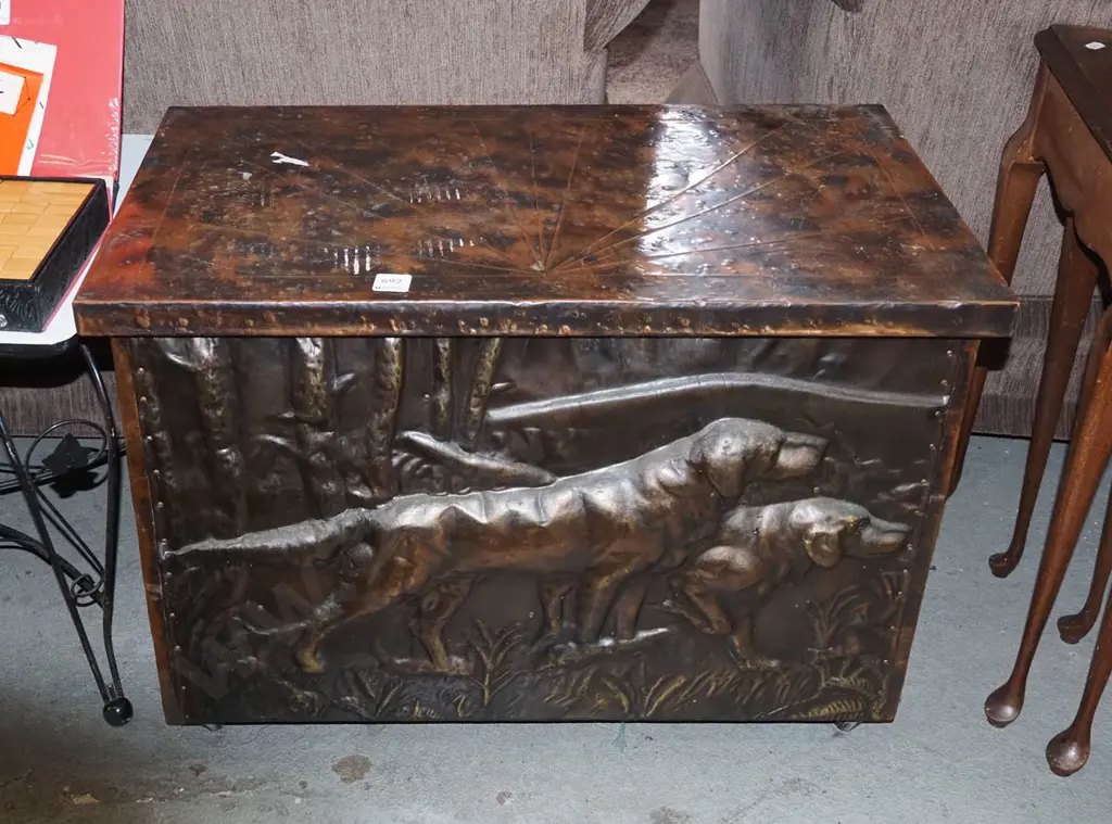 beaten copper hunting dog themed firewood box Image 1++