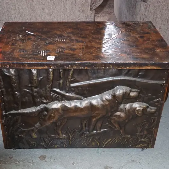 beaten copper hunting dog themed firewood box