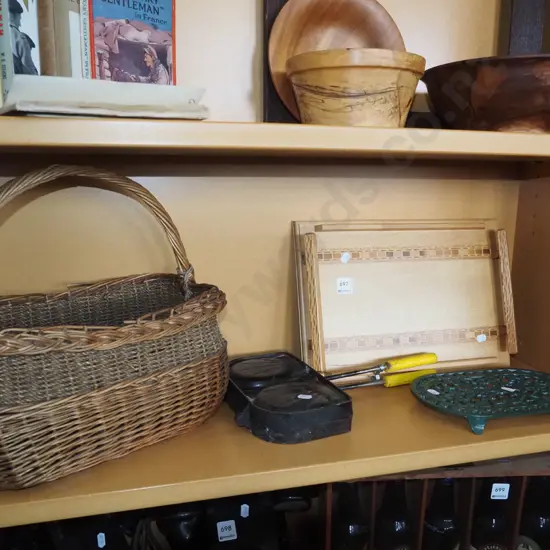 cane basket, camp fire toastie pie, tray, trivet