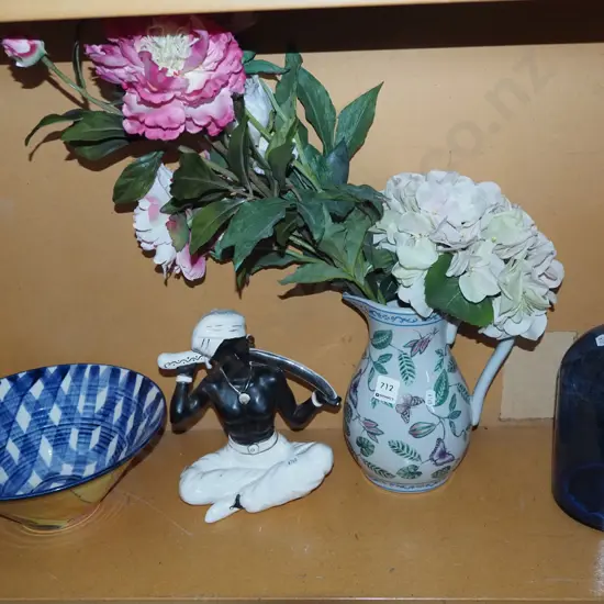 blue glass bottle, figurine, fruit bowl etc