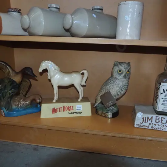 3x Jim Beam novelty decanters - empty,  White horse whisky figurine 