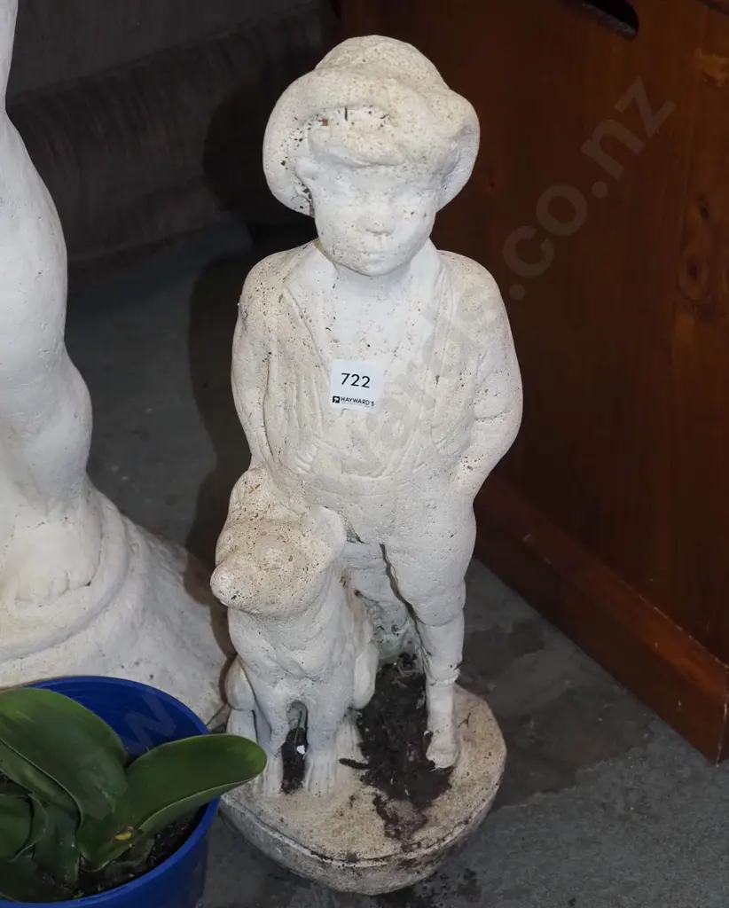 cast concrete garden ornament - boy and dog H500 Image 1++