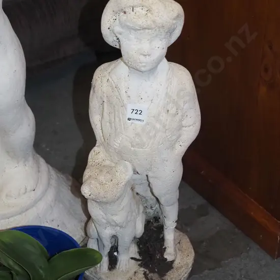 cast concrete garden ornament - boy and dog H500