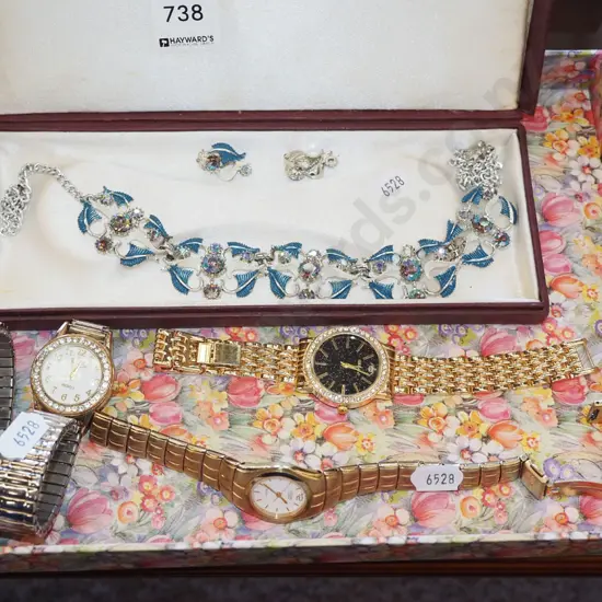 box; various watches, necklace and earring set