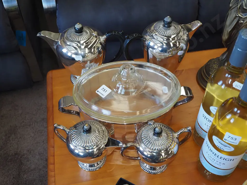 plated teapots, creamer, sugar, lidded vege Image 1++