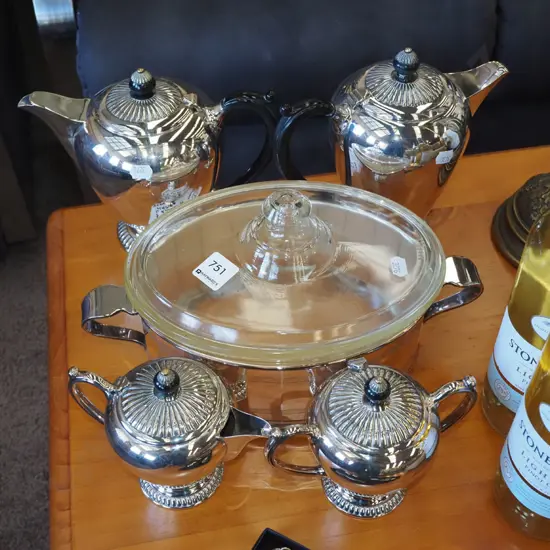 plated teapots, creamer, sugar, lidded vege