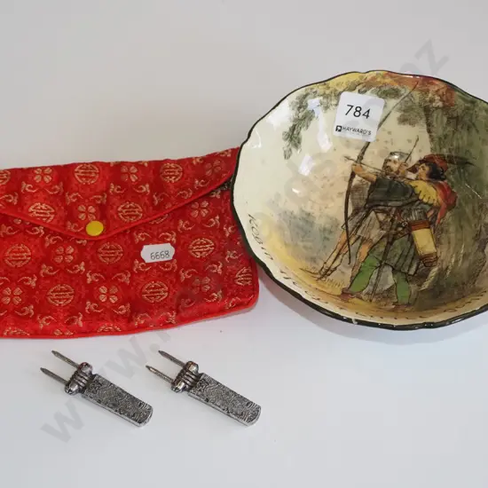 Royal Doulton - Robin Hood bowl (crack & crazing), 2x Maori themed corn holders, red fabric purse