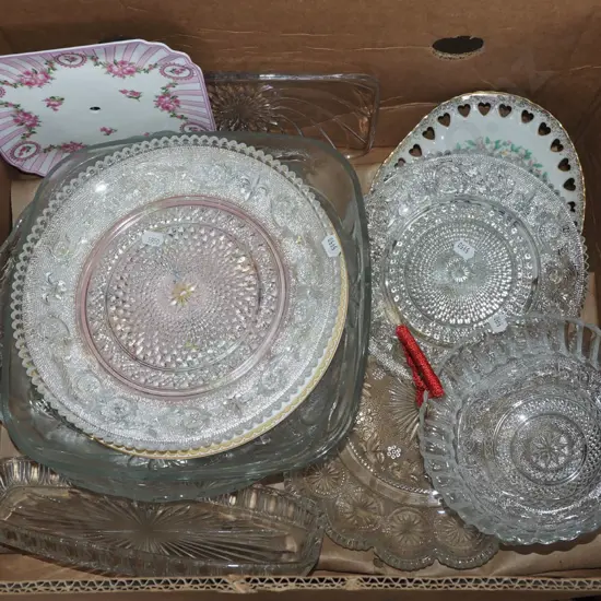 box; glass bowls, plates, cake plate etc