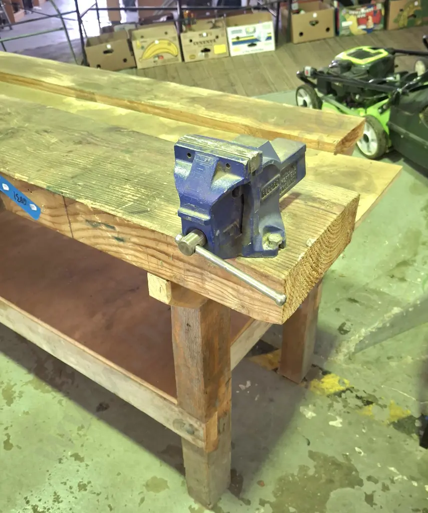 homemade workshop bench with 2x engineer's vices H900 W2380 D770 Image 1++