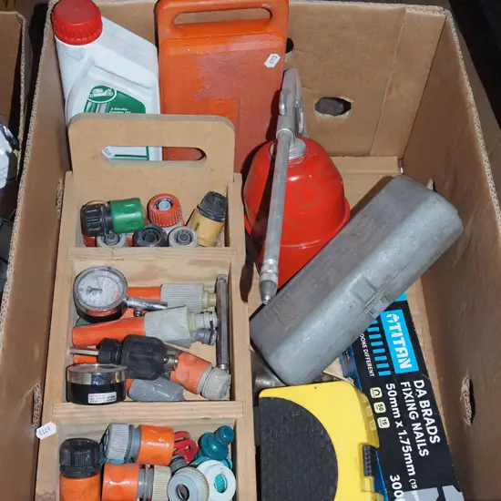 box; hose fittings, oil spray gun, tool sets etc