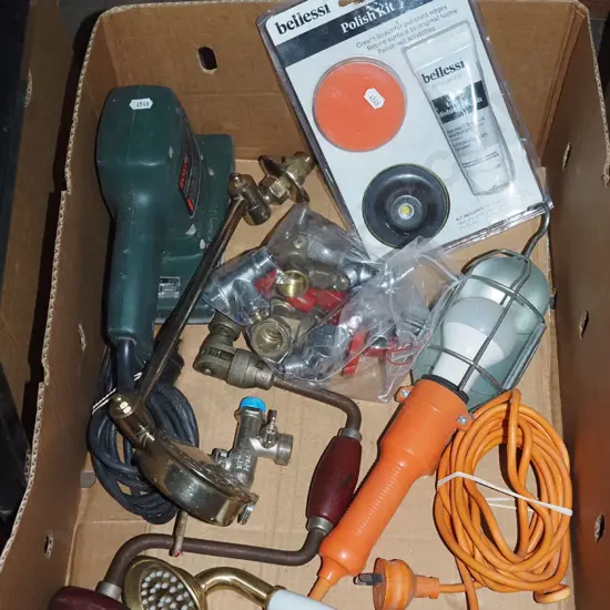 box; trouble light, plumbing fittings etc