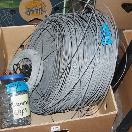 box of fencing wire, warratah clips etc
